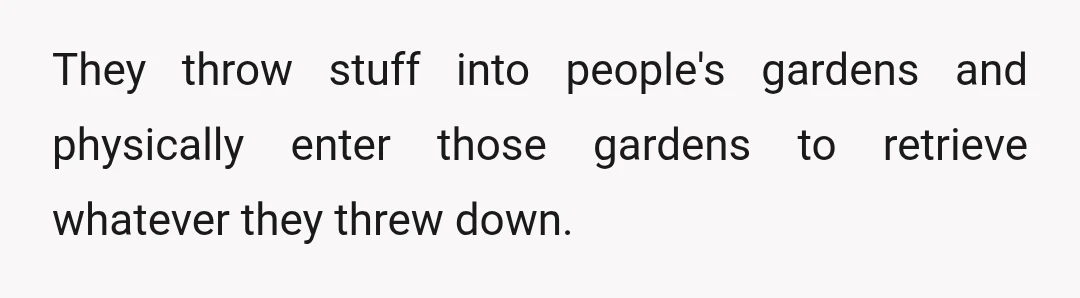 They throw stuff into people's gardens and physically enter those gardens to retrieve whatever they threw down.