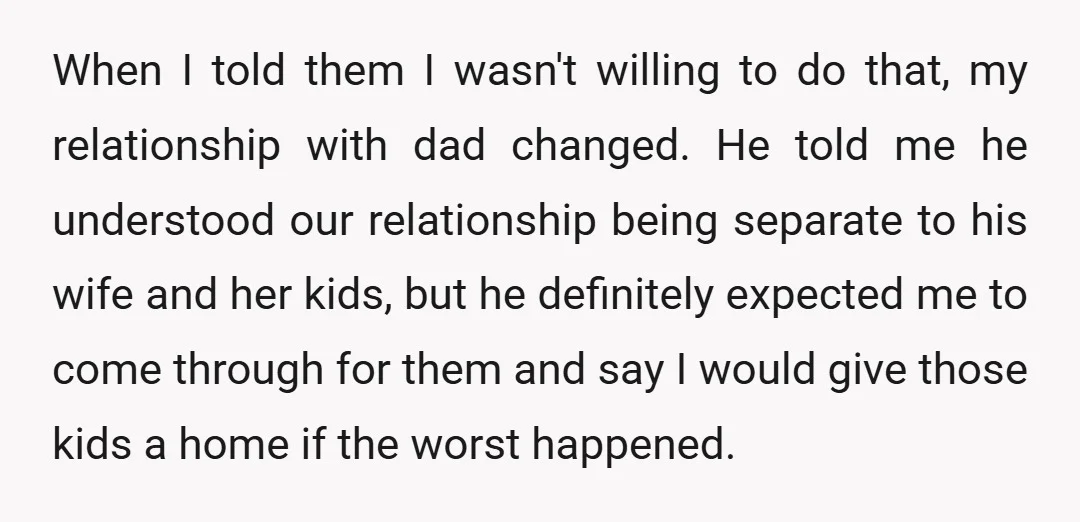 When I told them I wasn't willing to do that, my relationship with dad changed. He told me he understood our relationship being separate to his wife and her kids,...