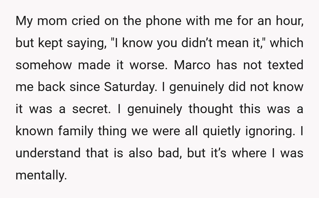 My mom cried on the phone with me for an hour, but kept saying, "I know you didn’t mean it," which somehow made it worse. Marco has not texted me...