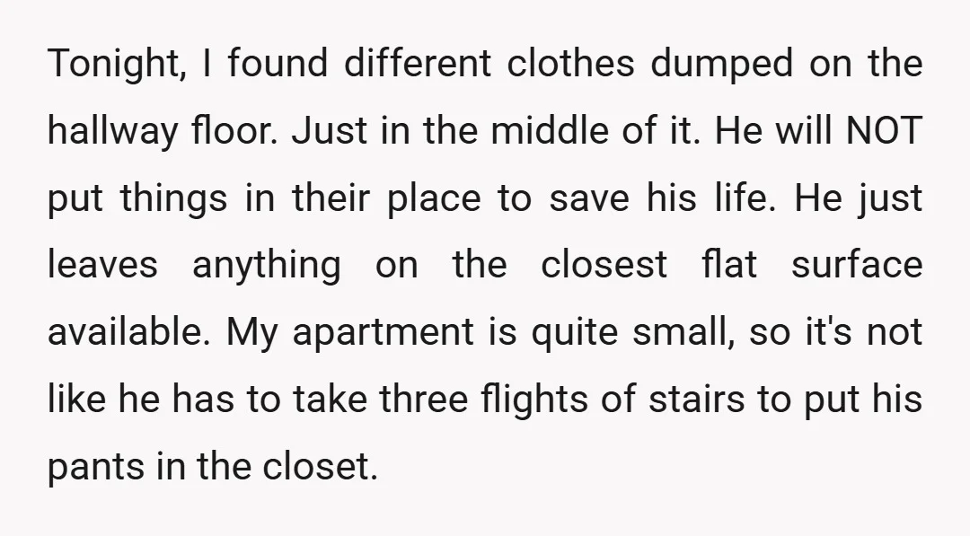 Tonight, I found different clothes dumped on the hallway floor. Just in the middle of it. He will NOT put things in their place to save his life. He just...