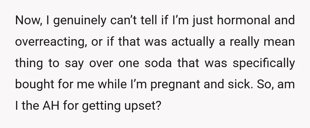 Now, I genuinely can’t tell if I’m just hormonal and overreacting, or if that was actually a really mean thing to say over one soda that was specifically bought for...