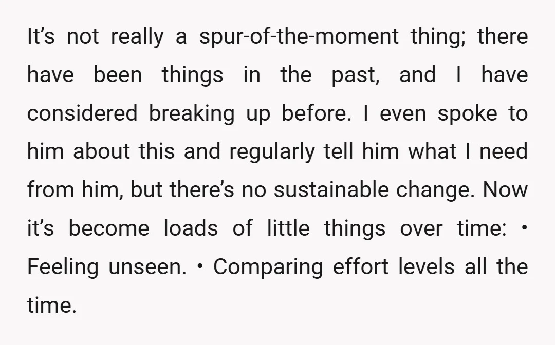 It’s not really a spur-of-the-moment thing; there have been things in the past, and I have considered breaking up before. I even spoke to him about this and regularly tell...