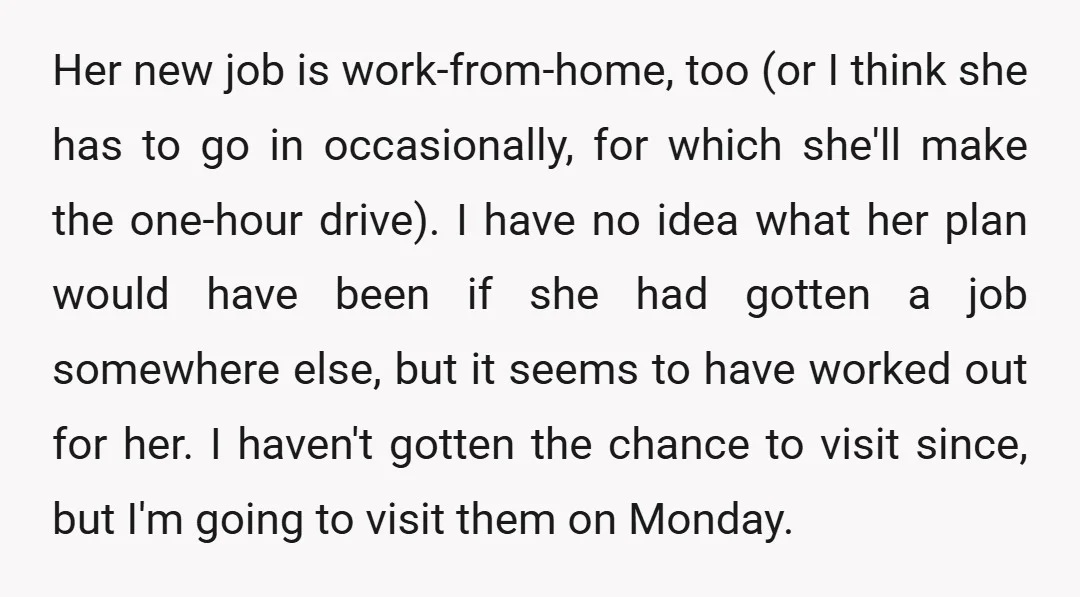 Her new job is work-from-home, too (or I think she has to go in occasionally, for which she'll make the one-hour drive). I have no idea what her plan would...