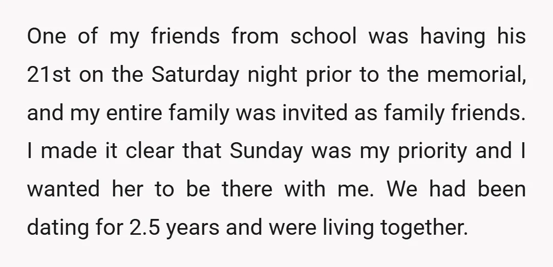 One of my friends from school was having his 21st on the Saturday night prior to the memorial, and my entire family was invited as family friends. I made it...