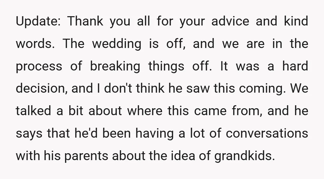 Update: Thank you all for your advice and kind words. The wedding is off, and we are in the process of breaking things off. It was a hard decision, and...