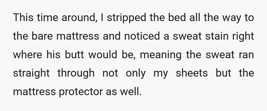 This time around, I stripped the bed all the way to the bare mattress and noticed a sweat stain right where his butt would be, meaning the sweat ran straight...