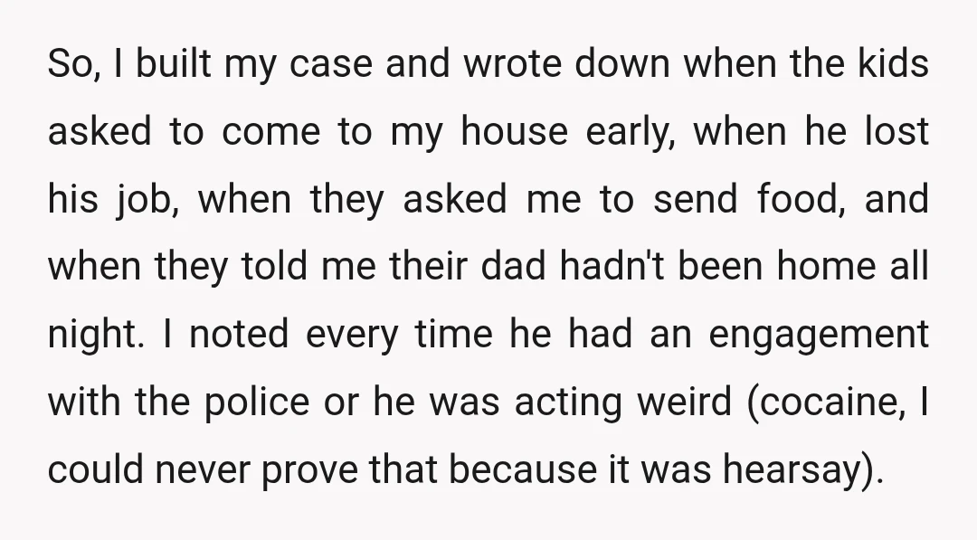 So, I built my case and wrote down when the kids asked to come to my house early, when he lost his job, when they asked me to send food,...
