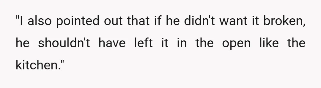 "I also pointed out that if he didn't want it broken, he shouldn't have left it in the open like the kitchen."