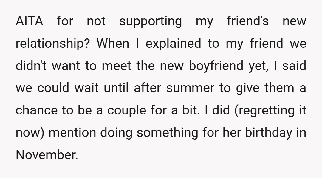 AITA for not supporting my friend's new relationship? When I explained to my friend we didn't want to meet the new boyfriend yet, I said we could wait until after...