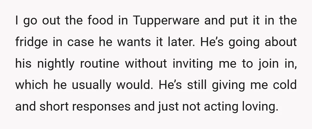 I go out the food in Tupperware and put it in the fridge in case he wants it later. He’s going about his nightly routine without inviting me to join...