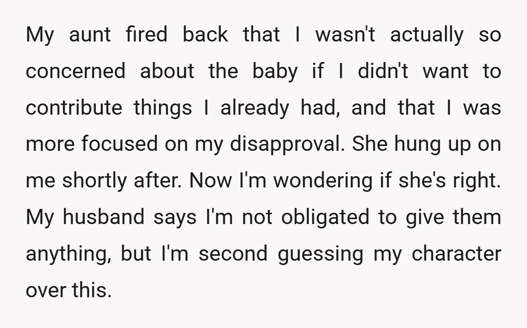My aunt fired back that I wasn't actually so concerned about the baby if I didn't want to contribute things I already had, and that I was more focused on...