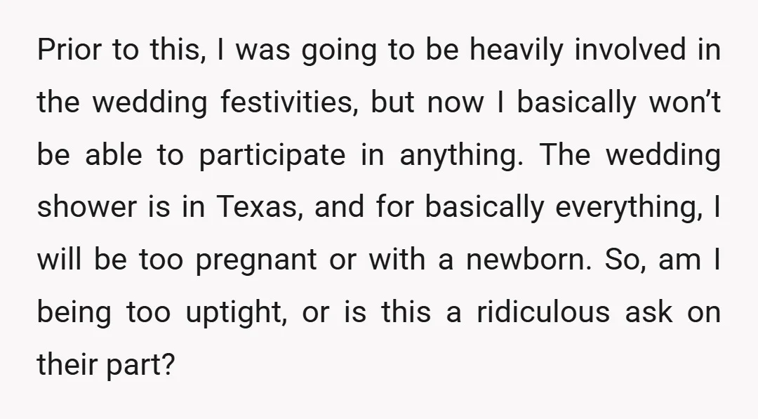 Prior to this, I was going to be heavily involved in the wedding festivities, but now I basically won’t be able to participate in anything. The wedding shower is in...