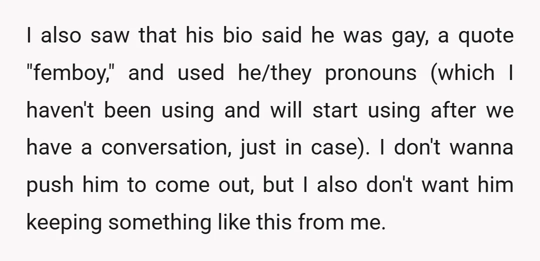 I also saw that his bio said he was gay, a quote "femboy," and used he/they pronouns (which I haven't been using and will start using after we have a...