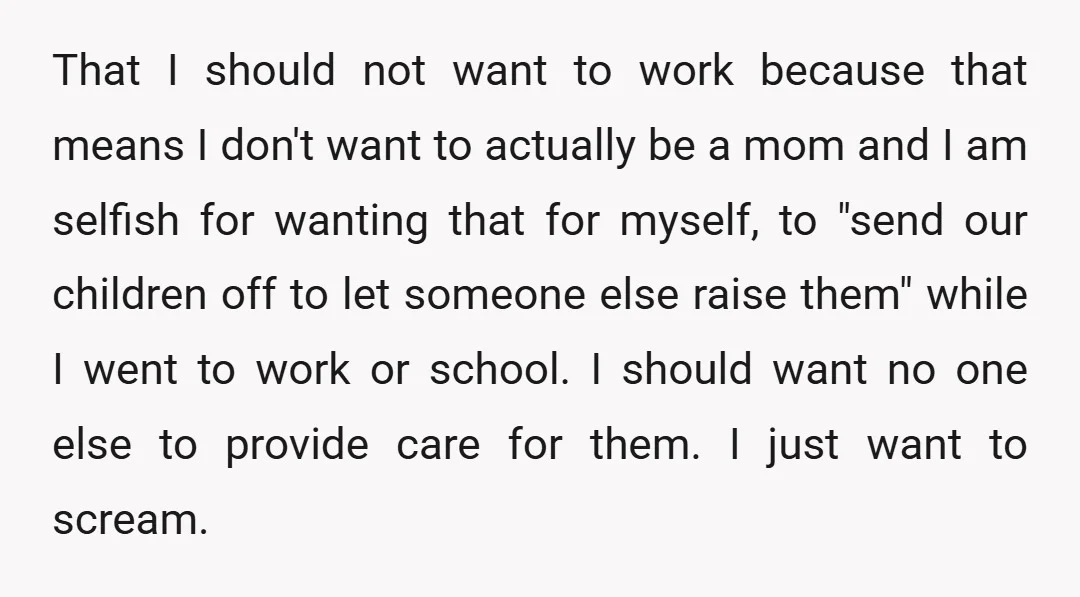That I should not want to work because that means I don't want to actually be a mom and I am selfish for wanting that for myself, to "send our...