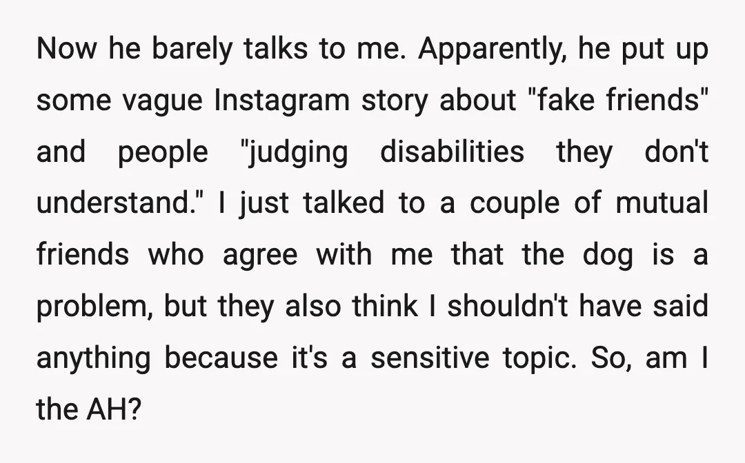 Now he barely talks to me. Apparently, he put up some vague Instagram story about "fake friends" and people "judging disabilities they don't understand." I just talked to a couple...