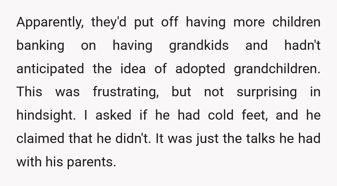 Apparently, they'd put off having more children banking on having grandkids and hadn't anticipated the idea of adopted grandchildren. This was frustrating, but not surprising in hindsight. I asked if...
