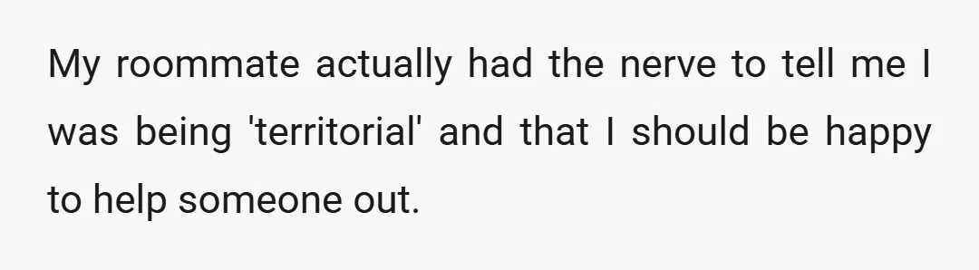 My roommate actually had the nerve to tell me I was being 'territorial' and that I should be happy to help someone out.