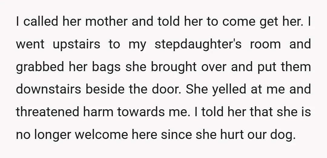I called her mother and told her to come get her. I went upstairs to my stepdaughter's room and grabbed her bags she brought over and put them downstairs beside...