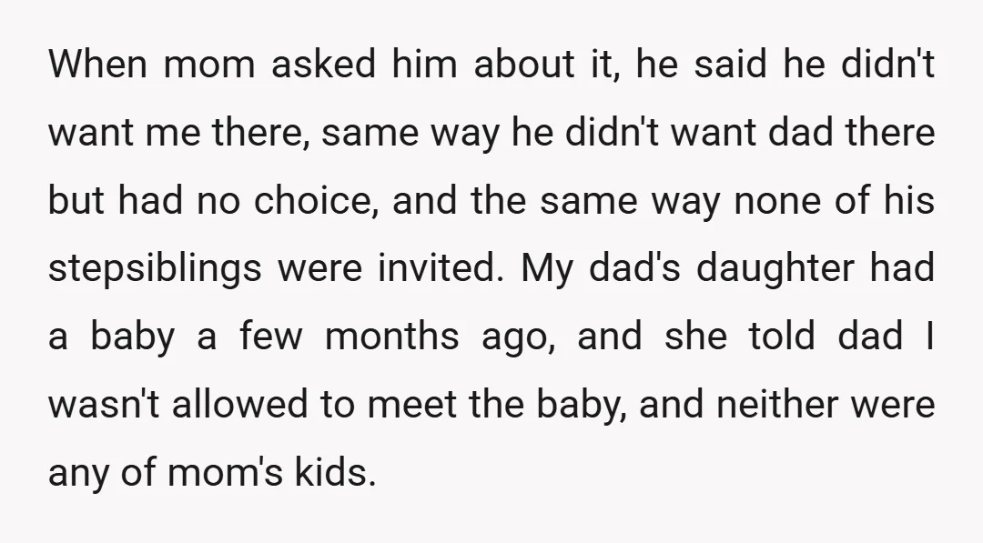 When mom asked him about it, he said he didn't want me there, same way he didn't want dad there but had no choice, and the same way none of...