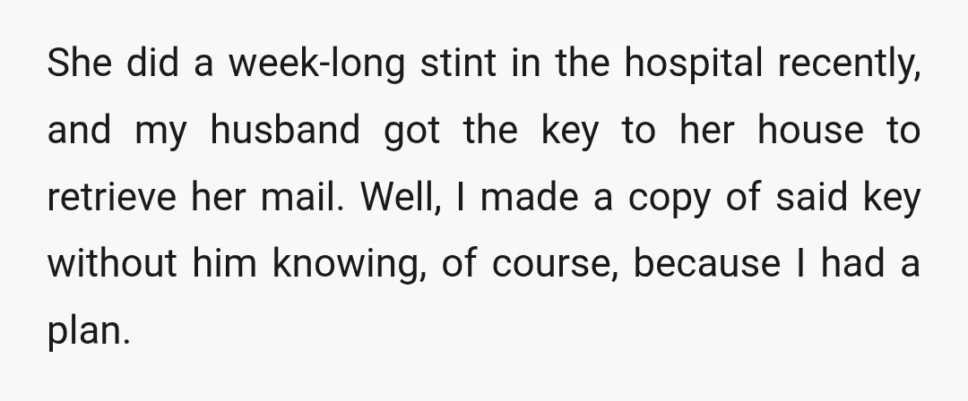 She did a week-long stint in the hospital recently, and my husband got the key to her house to retrieve her mail. Well, I made a copy of said key...