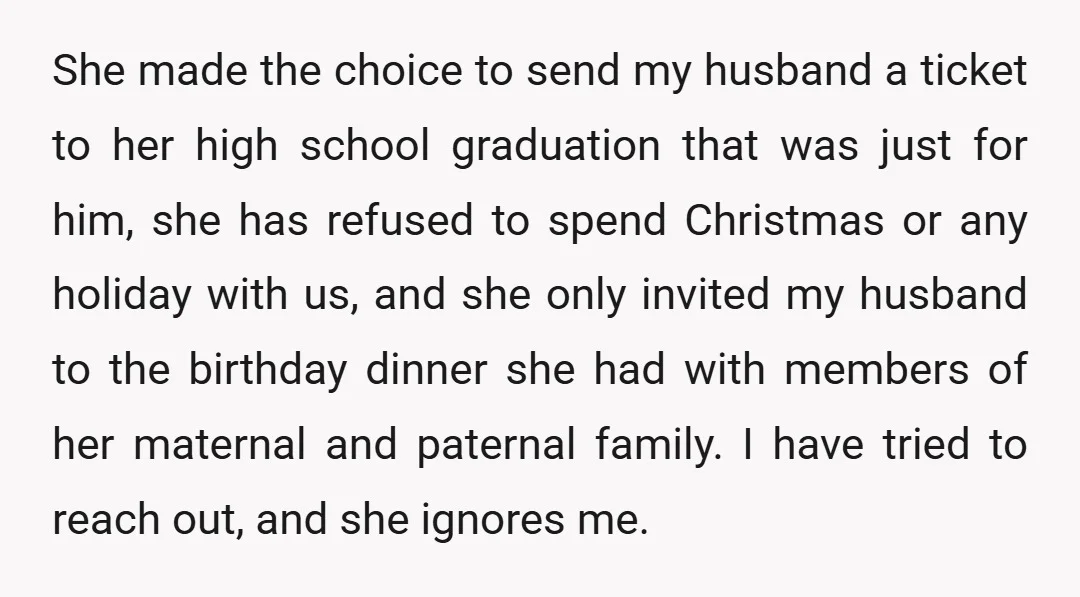 She made the choice to send my husband a ticket to her high school graduation that was just for him, she has refused to spend Christmas or any holiday with...