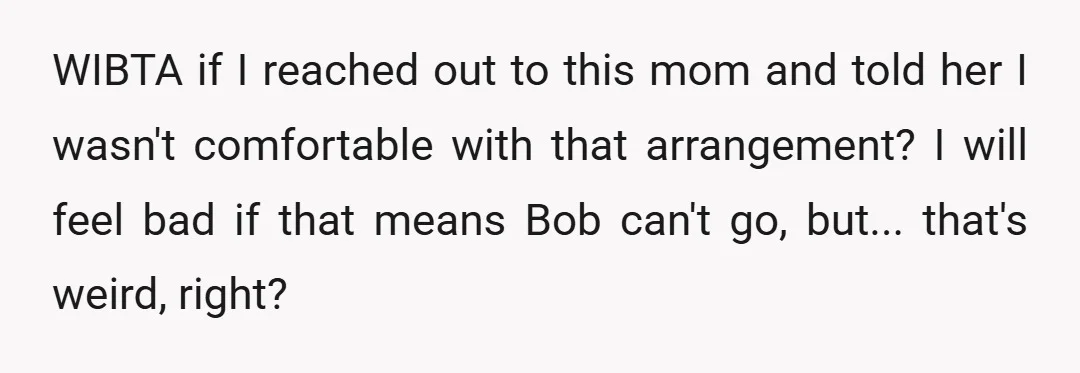 WIBTA if I reached out to this mom and told her I wasn't comfortable with that arrangement? I will feel bad if that means Bob can't go, but... that's weird,...