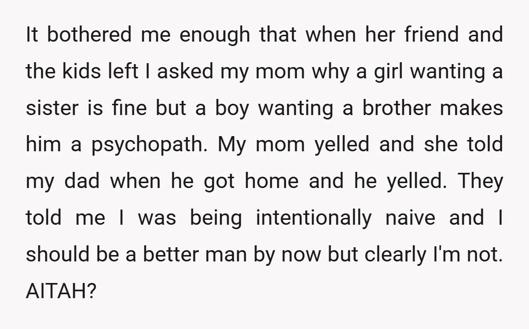 It bothered me enough that when her friend and the kids left I asked my mom why a girl wanting a sister is fine but a boy wanting a brother...