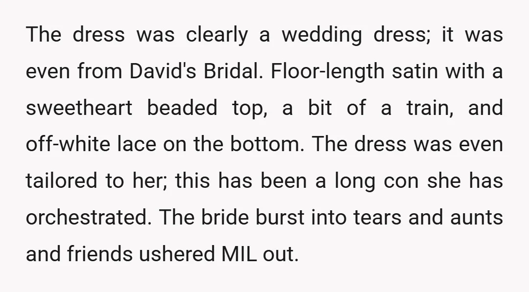 The dress was clearly a wedding dress; it was even from David's Bridal. Floor-length satin with a sweetheart beaded top, a bit of a train, and off-white lace on the...