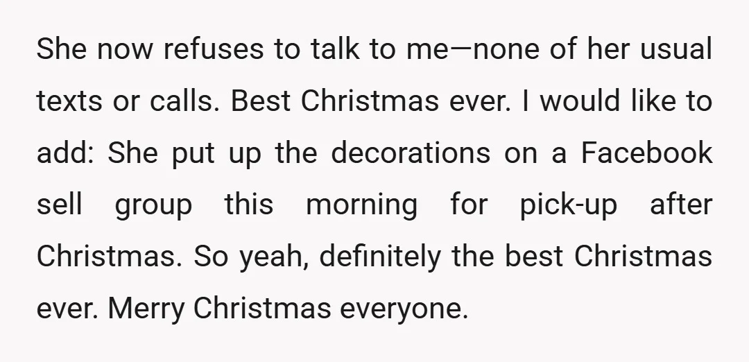 She now refuses to talk to me—none of her usual texts or calls. Best Christmas ever. I would like to add: She put up the decorations on a Facebook sell...
