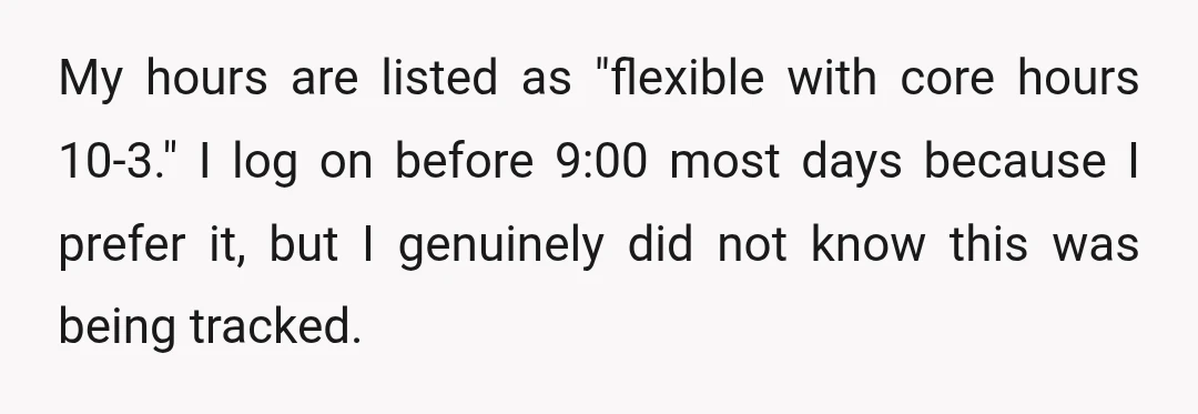 My hours are listed as "flexible with core hours 10-3." I log on before 9:00 most days because I prefer it, but I genuinely did not know this was being...