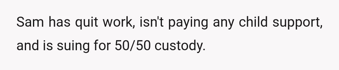 Sam has quit work, isn't paying any child support, and is suing for 50/50 custody.