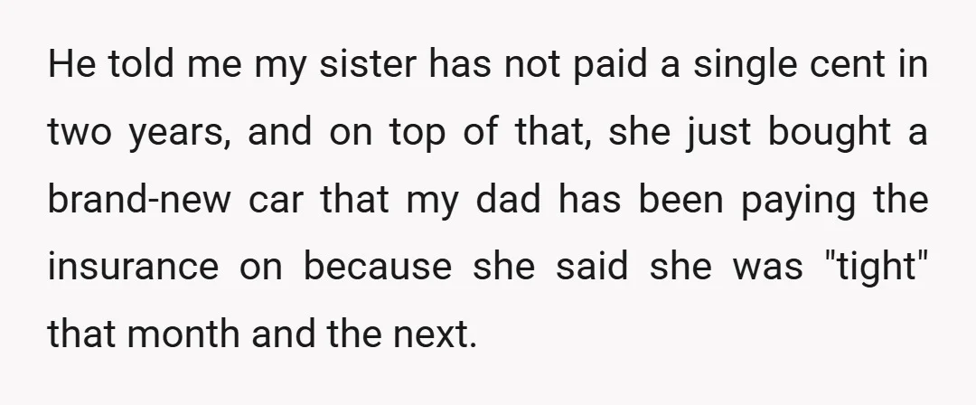 He told me my sister has not paid a single cent in two years, and on top of that, she just bought a brand-new car that my dad has been...