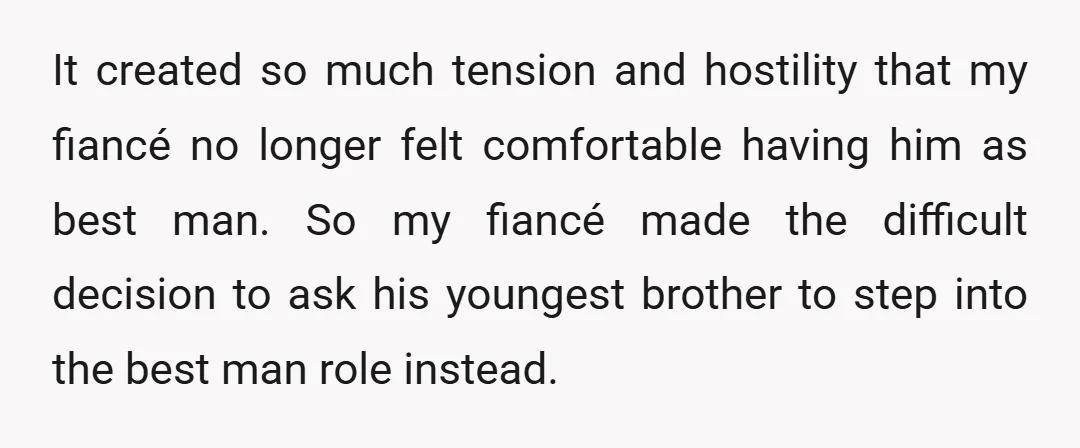 It created so much tension and hostility that my fiancé no longer felt comfortable having him as best man. So my fiancé made the difficult decision to ask his youngest...