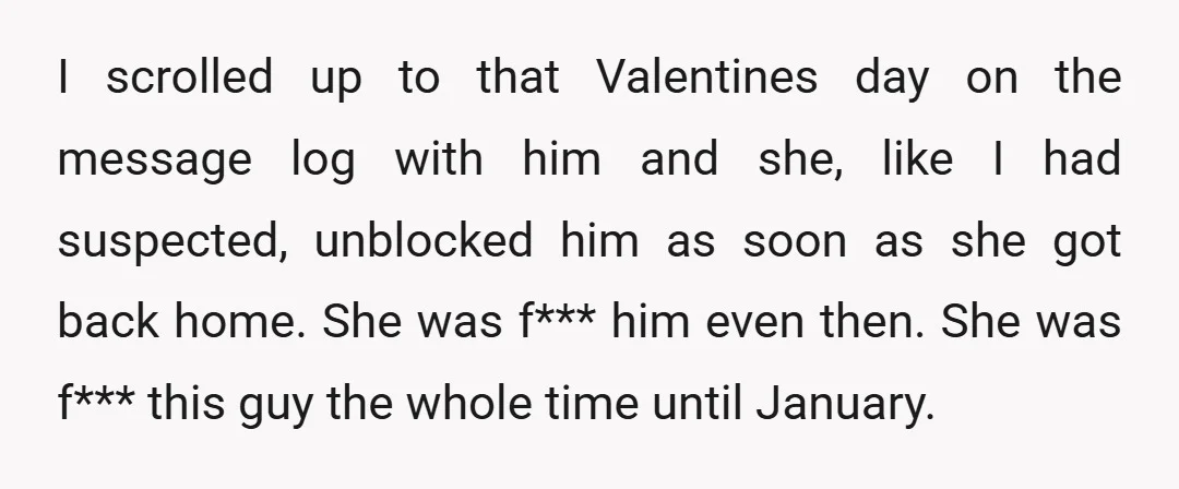 I scrolled up to that Valentines day on the message log with him and she, like I had suspected, unblocked him as soon as she got back home. She was...