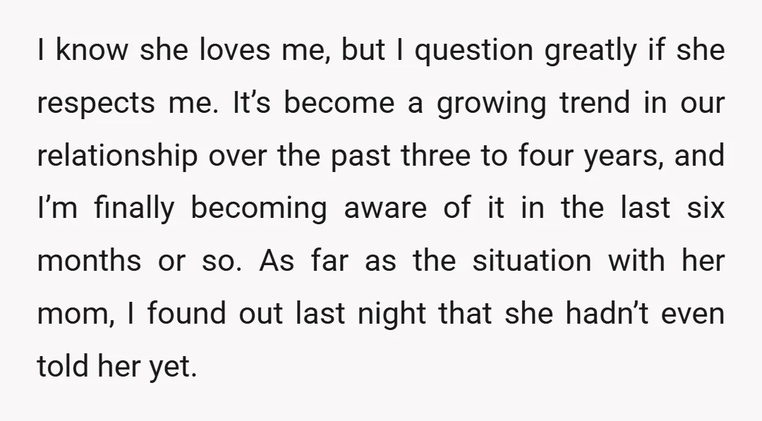 I know she loves me, but I question greatly if she respects me. It’s become a growing trend in our relationship over the past three to four years, and I’m...