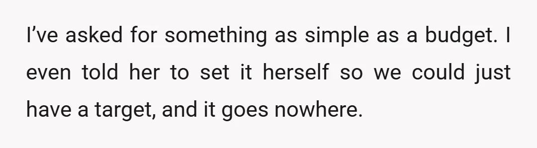 I’ve asked for something as simple as a budget. I even told her to set it herself so we could just have a target, and it goes nowhere.