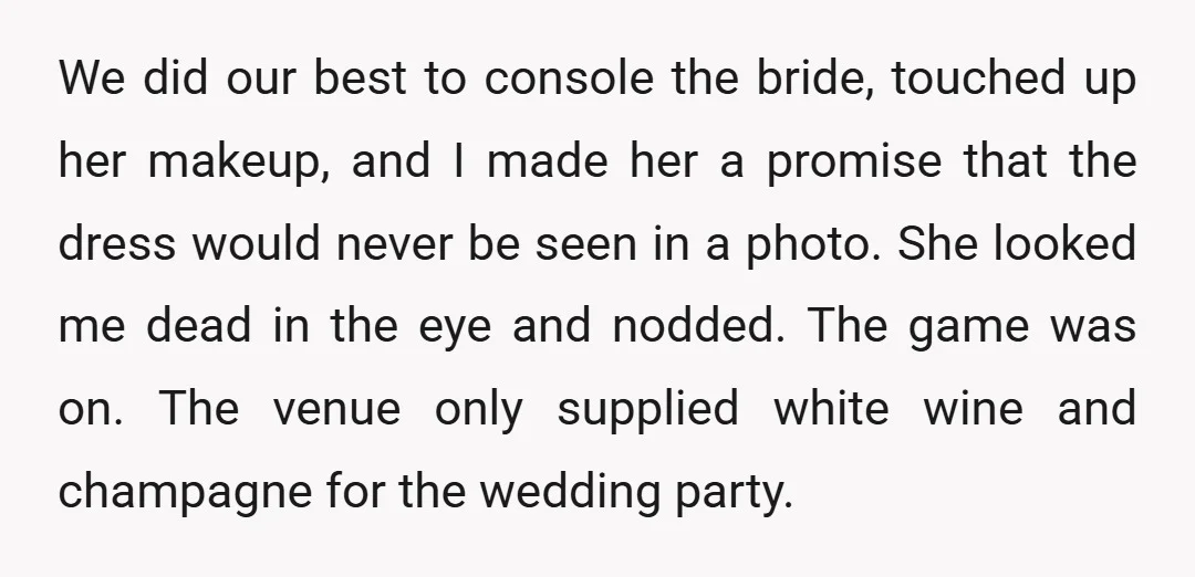 We did our best to console the bride, touched up her makeup, and I made her a promise that the dress would never be seen in a photo. She looked...