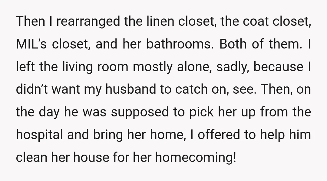 Then I rearranged the linen closet, the coat closet, MIL’s closet, and her bathrooms. Both of them. I left the living room mostly alone, sadly, because I didn’t want my...