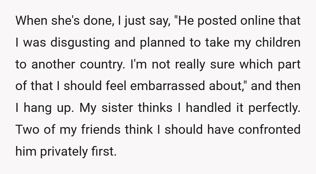 When she's done, I just say, "He posted online that I was disgusting and planned to take my children to another country. I'm not really sure which part of that...