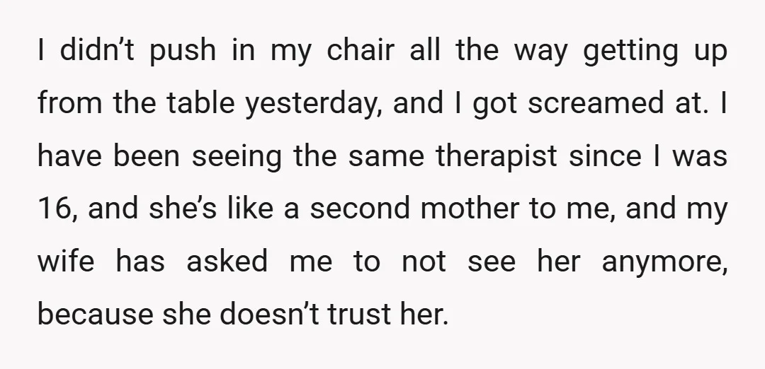 I didn’t push in my chair all the way getting up from the table yesterday, and I got screamed at. I have been seeing the same therapist since I was...
