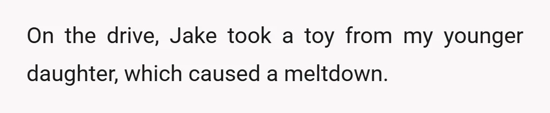 On the drive, Jake took a toy from my younger daughter, which caused a meltdown.