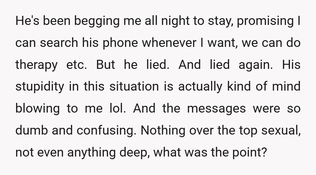 He's been begging me all night to stay, promising I can search his phone whenever I want, we can do therapy etc. But he lied. And lied again. His stupidity...