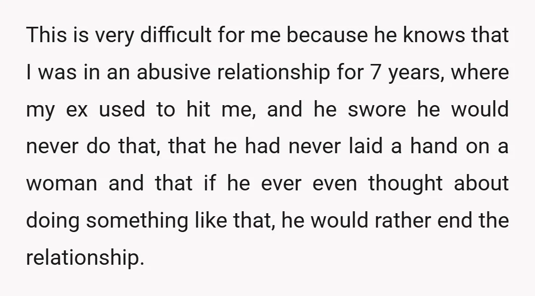 This is very difficult for me because he knows that I was in an abusive relationship for 7 years, where my ex used to hit me, and he swore he...