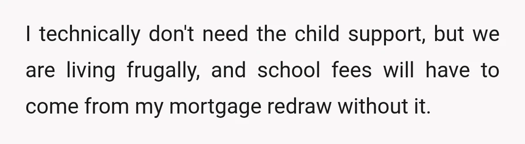 I technically don't need the child support, but we are living frugally, and school fees will have to come from my mortgage redraw without it.
