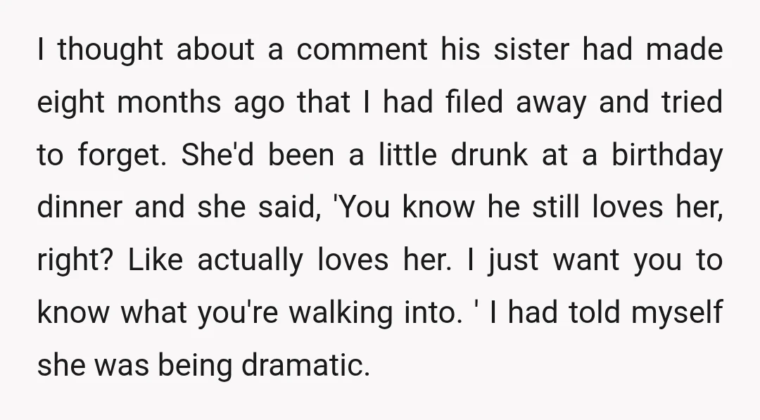 I thought about a comment his sister had made eight months ago that I had filed away and tried to forget. She'd been a little drunk at a birthday dinner...