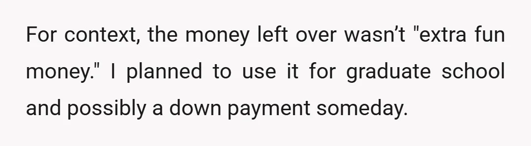 For context, the money left over wasn’t "extra fun money." I planned to use it for graduate school and possibly a down payment someday.