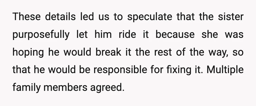 These details led us to speculate that the sister purposefully let him ride it because she was hoping he would break it the rest of the way, so that he...