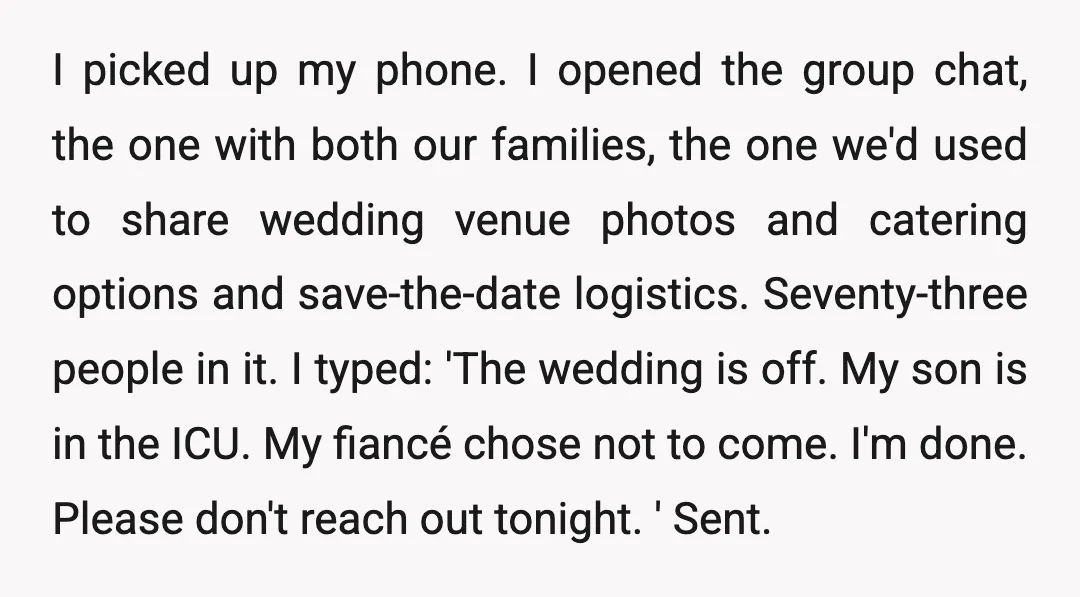 I picked up my phone. I opened the group chat, the one with both our families, the one we'd used to share wedding venue photos and catering options and save-the-date...