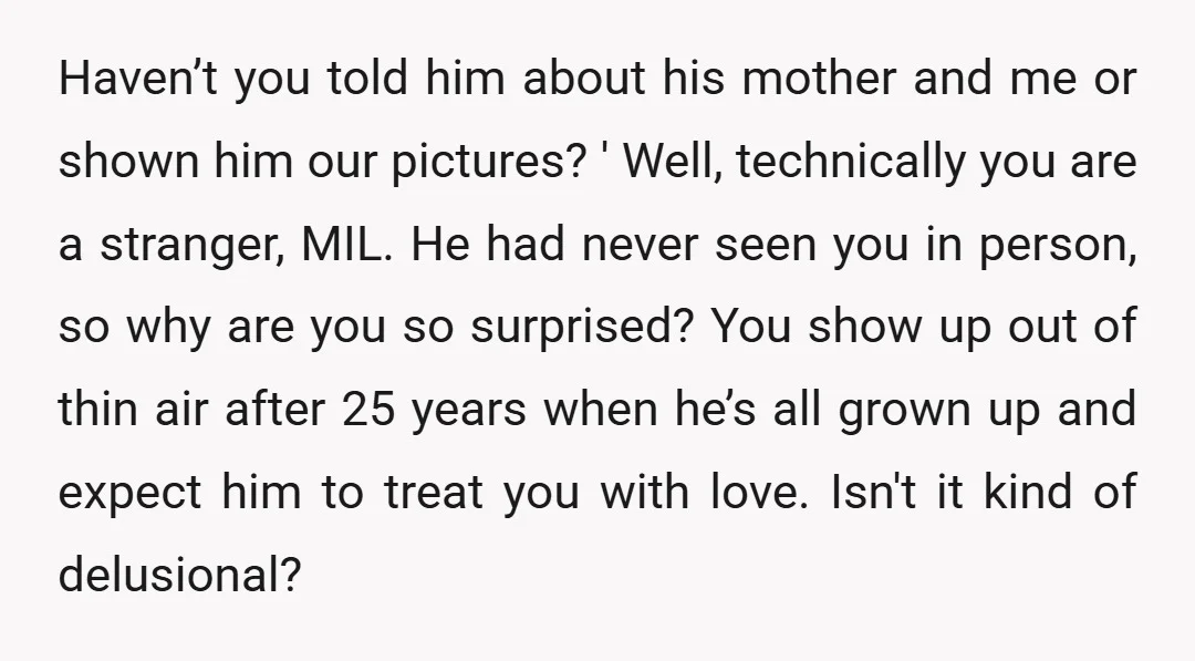 Haven’t you told him about his mother and me or shown him our pictures? ' Well, technically you are a stranger, MIL. He had never seen you in person, so...