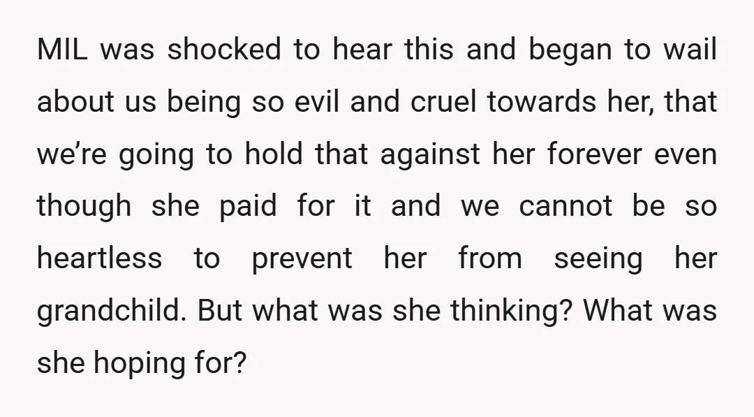 MIL was shocked to hear this and began to wail about us being so evil and cruel towards her, that we’re going to hold that against her forever even though...